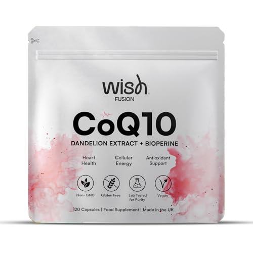 Wish Fusion CoQ10 for Heart Health, Antioxidant & Energy Support, Ubiquinone Coenzyme Q10 with Dandelion & BioPerine, CoQ10 Supplemet Made in UK,120 Vegan Capsules