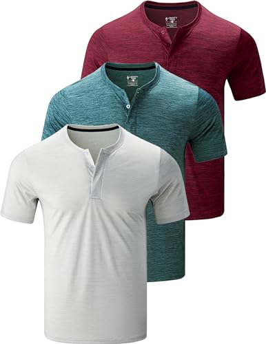 3 Pack Men's Dry Fit Henley Short Sleeve | Collarless Golf Shirts, Modern Layered Placket, Moisture Wicking, 4-Way Stretch, Regular Fit, for Work, Casual Wear