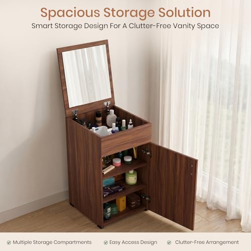 Image of FURNIFLIX Engineered Wood Home Dressing Table with Mirror and Storage Vanity Unit for Bedroom Living Room (Walnut Finish)