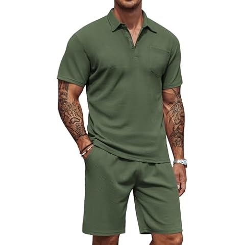 COOFANDY Men's Waffle Knit Polo Shirt and Shorts Set Cover
