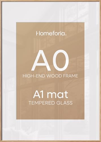 Image of Homeforia A0 Natural Oak Poster Frame, High-End Wood, A1 Mat, Glass | High End Solid Oak Wood, Tempered Glass, Acid-Free A1 Removable Mat, A0 Edge-to-Edge Display, Wall Kit, Set Of 1