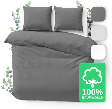 JACOBSON Bettwäsche 100% Baumwolle (200x200cm, Anthrazit, 3-teilig) | Set: 1 Bettbezug + 2 Kissenbezüge 80 x 80 cm