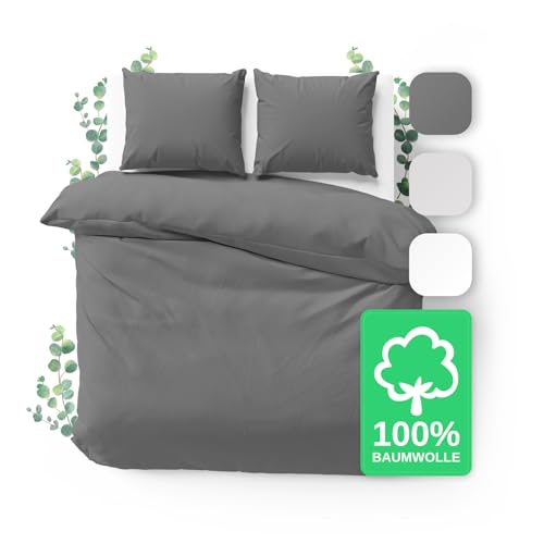 JACOBSON Bettwäsche 200x220 Set - 100% Baumwolle Bettbezug 200x220 cm + 2 Kissenbezüge 80x80 cm, Perkal Bettwäsche 3-teilig mit Reißverschluss (200x220cm, Anthrazit, 3-teilig)