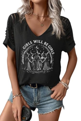 Women Girls Will be Girls Witch Cut Out Shoulder V Neck Shirt ,A-Black9,XL