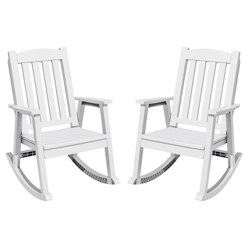 Greesum Outdoor Plastic Rocking Chair Set of 2 Patio Rocking Chair for Outside Waterproof & Rust-Proof Supports 300 lbs Suitable for Garden Lawn Front Porch Poolside White