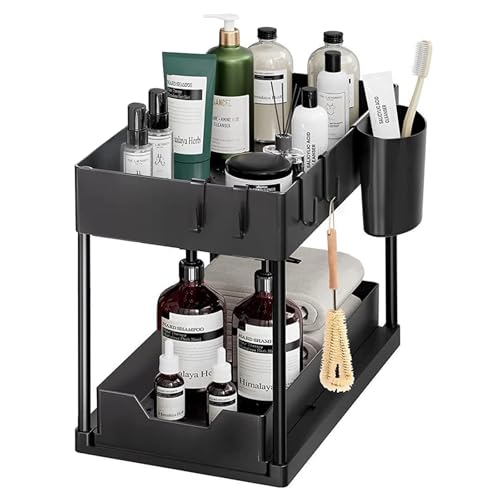 2-Tier Pull-Out Under Sink Organizer Bathroom Kitchen Organizer with Hook (1 Black)