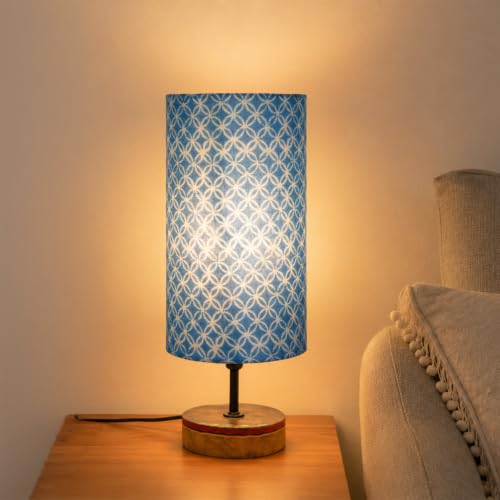 Image of Amazon Basics Bagru Indigo Table Lamp | Hand-Painted Mango Wood Base with Printed Polyester Shade | E14 Holder | Decorative Night Lamp for Bedroom, Living Room & Study Room | Home Decor Gift