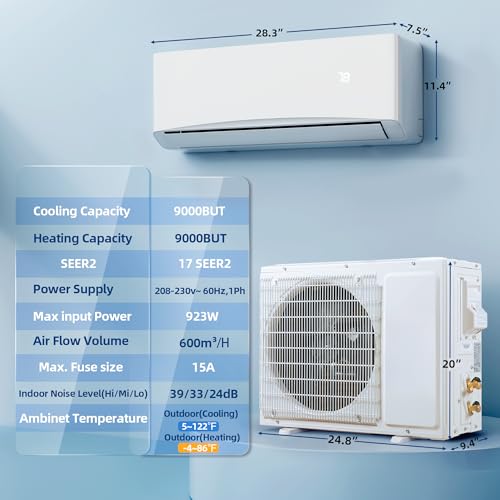 Image of 9000BTU Mini Split Air Conditioner& Heater, 17 SEER2 ๐๐๐๐ Wall-Mounted AC Unit Cools Rooms up to 450 Sq. Ft, Energy Efficient Inverter AC with Heat Pump