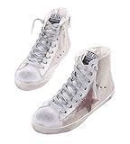 SATUKI Women's Distressed Design Lace up Star Glitter Shoes High Top Fashion Flat Sneakers (Gold,...