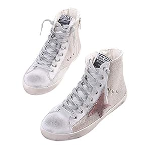 Women’s Distressed Design Lace up Star Glitter Shoes High Top Fashion Flat Sneakers