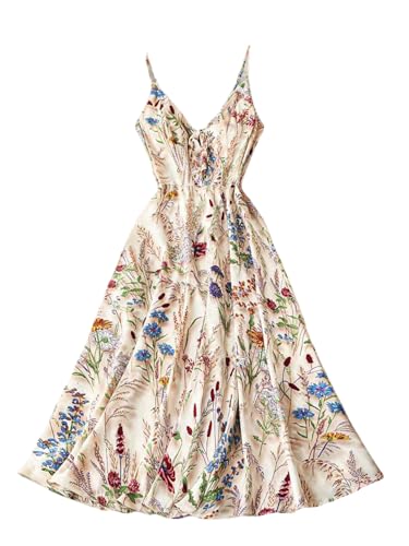 SOLY HUX Women's Summer Floral Dress Bow Tie V Neck Spaghetti Strap A Line Flowy Midi Dresses Boho Vacation Sundress3