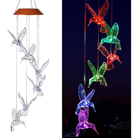 Hummingbird Solar Wind Chimes Light Outdoor Hanging - Waterproof Mobile Romantic Solar Powered Changing Color LED Hummingbird Wind Chimes for Home, Party, Festival, Night Garden Decoration, Xmas Gifts Cover