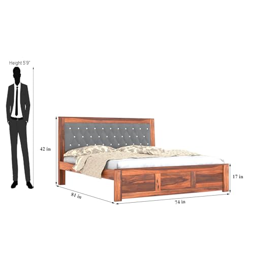 Image of SONA ART & CRAFTS Zeus Solid Sheesham Wood King Size Bed Without Storage (78x72) with 2 Bedside Table, Cushioned Upholstered Beds Double Bed Queen Size Cot for Bedroom (Natural Finish)