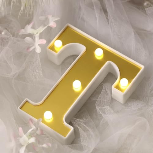 Image of Efavormart 6 inch Gold Marquee Letter T, Mirror Front Warm White LED Light Up 3D Sign, Battery Operated 72H Glow for Wedding Party & Wall Decor