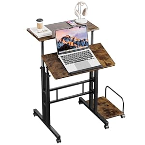 Dripex 60x60cm Stehpult Höhenverstellbar Schreibtisch, Mobiler Computertisch mit 4 Rollen, Steh-Sitz Tisch Laptoptisch neigbar Tischplatte, für Zuhause Büro, Vintage Braun+ Schwarz