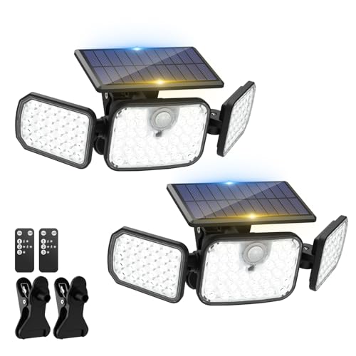 Peasur 2 Pack Clip on Solar Motion Lights Outdoor with Remote Control, Solar Security Light with 3 Modes, IP65 Waterproof Flood Lights Outside for Camping Garden Patio Garage Backyard