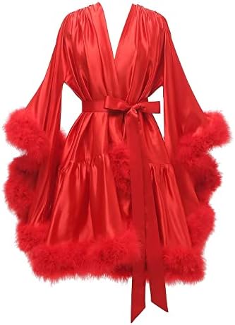 Changuan Women's Feather Robe Silk Satin Fur Bridal Robe Short Dressing Gown Bathrobe Lingerie Nightgown Sleepwear