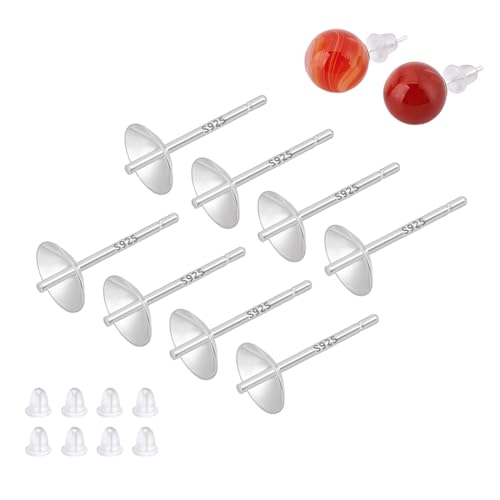 PH PandaHall 4 Pairs 925 Sterling Silver Earring Posts, Pearl Cup Pad Blank Earring Studs Earrings Component Earrings Base with Ear Nuts for Half/Fully Drilled Beads DIY Earrings Jewellery, 21 Gauge