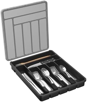 Lifewit Cutlery Tray with Lid, Cutlery Storage Box for Kitchen Drawer and Countertop, Utensil Flatware Silverware Holder Divider for Spoons Forks Knives Tableware, 7 Compartment, Black