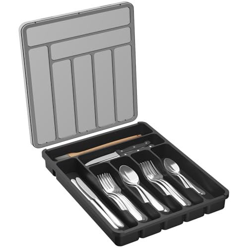 Lifewit Cutlery Tray with Lid, Cutlery Storage Box for Kitchen Drawer and Countertop, Utensil Flatware Silverware Holder Divider for Spoons Forks Knives Tableware, 7 Compartment, Black