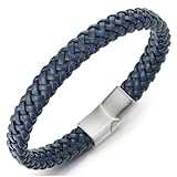 COOLSTEELANDBEYOND Men’s Blue Braided Leather Bracelet with Steel Clasp, Woven Wristband, Modern Casual Fashion