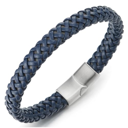 COOLSTEELANDBEYOND Men’s Blue Braided Leather Bracelet with Steel Clasp, Woven Wristband, Modern Casual Fashion