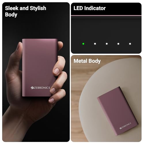 Image of ZEBRONICS EnergiTank 20MR1, Metal Power Bank, 20000 mAh, 22.5W Super Fast Charging PD 3.0 (PPS), Dual Type C & USB Port, LED Indicator, for iPhone, Android, Tablets, Airpods (Raspberry)