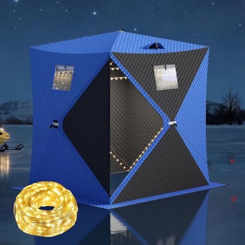 FinerFurnis Pop Up Ice Fishing Shelter and Insulated Ice Fishing Tent with 49ft LED Light Strip, Windproof Portable Hub Design, Fits 2-3 People, 25 sq ft Fishable Area, Durable and Easy Setup