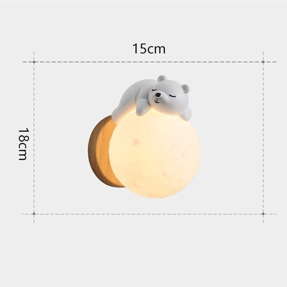 EaEa LED Mond Wandleuchte Kinderzimmer Holz Wandlampe Kreative Schlafende Bär Junge Mädchen Dekorative Nachtlicht 3000K/4500K/6000K Kinder Nachttisch Wandbeleuchtung für Schlafzimmer Babyzimmer, Weiß