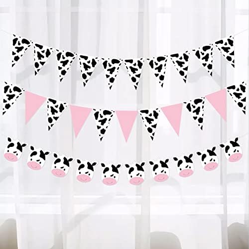 Whaline 3Pcs Cow Banner with String Cow Print Pennant Banner Pre-Assembled Pink White Black Banner Birthday Party Supplies for Farm Animal Theme Party Western Cowboy Party Theme Decoration