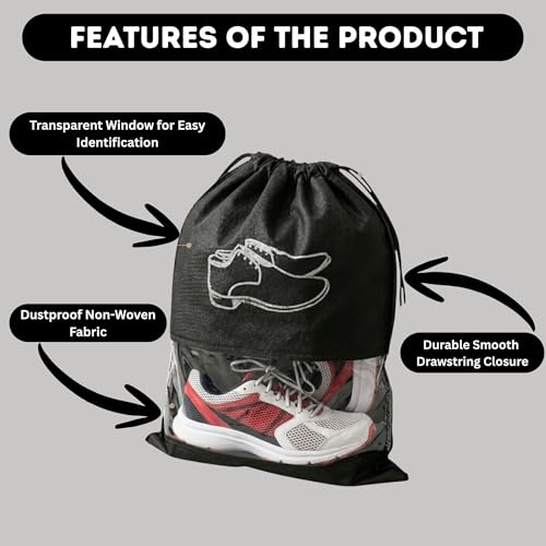 Image of Hian Black Shoe Storage Bags with Transparent Window & Drawstring Closure - Non-Woven Travel Footwear Organizer, Dustproof Reusable Shoe Covers for Luggage, Closet & Gym Use - Pack of 6