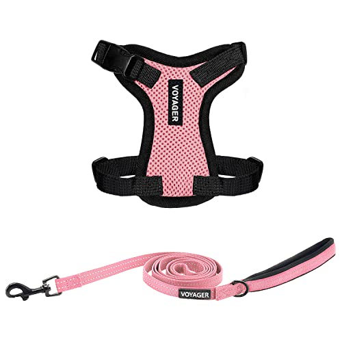 Image of Best Pet Supplies Voyager Step-in Lock Pet Harness w Reflective Pet Leash Combo Set with Neoprene Handle 5ft - Supports Small, Medium and Large Breed Puppies /Cats - Pink /Black Trim Set, XXS