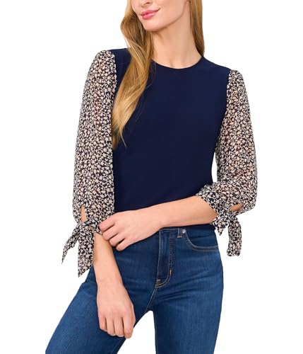 CeCe Women's Mixed Media Tie Sleeve Top