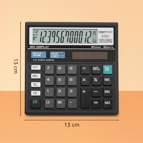 Image of Amazon Basics Electronic Calculator (AB-512A) | 12 Digit Large Display | Dual Power (Solar + AAA Battery) | 30 Angled Screen | Big Button Design | 13 x 13 cm | Black | for Office, School & Home