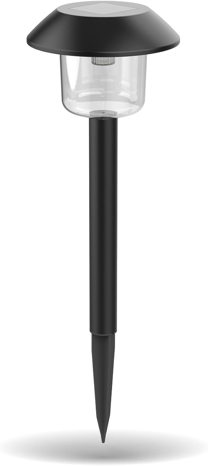 Xanlite LED Solar Scale light with black top and clear body, on a black stake