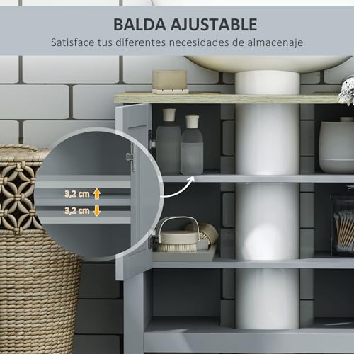 Miniatura 5 de Kleankin Armario Para Debajo De Lavabo Compacto Con 2 Puertas Y Estante Interior Ajustable Mueble Auxiliar De Almacenamiento Para Baño 60x30x60 Cm Gris