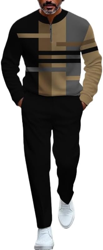 Men's half zip round neck sports shirt and pants two-piece set, casual sports golf jogging pants set