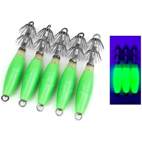 PiscoRush Luminous Squid Jig Hooks Saltwater, 5/10Pcs Duo-Layer Hooks Fluorescent Cuttlefish Sleeve Jig Octopus Lures Glow Squid Jigs Kit Hard Fishing Baits Set with Tackle Box (Green, 5pcs with box) Cover