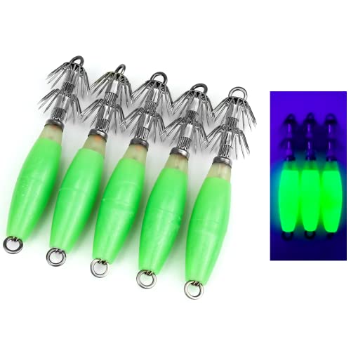 PiscoRush Luminous Squid Jig Hooks Saltwater, 5/10Pcs Duo-Layer Hooks Fluorescent Cuttlefish Sleeve Jig Octopus Lures Glow Squid Jigs Kit Hard Fishing Baits Set with Tackle Box (Green, 10pcs with box)