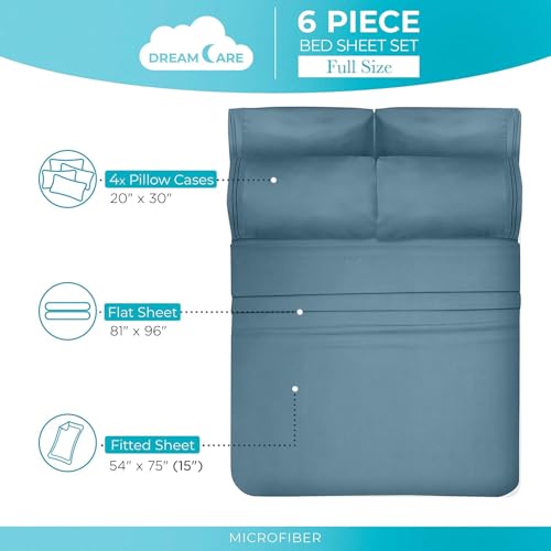 Image of DREAMCARE Full Size Sheets - 6 pcs Breathable Cooling Sheets Full Size Bed | up to 15 inch Deep Pocket Full Sheet Set with Side Pockets - Extra Soft Full Size Bed Sheets - Hotel Luxury Bed Sheets - MnrlBlue