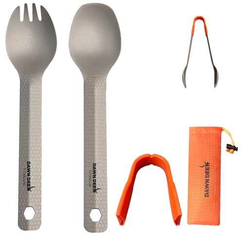 Dawn Deer 3 in1 Titanium Ultralight Cutlery Set Long Handle Spoon and Spork Camping tong Travel Utensils with Bag (16CM)