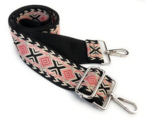 Image of Black Dusty Pink Boho Diamond Purse Strap with Silver Hardware 2 Inch Wide Replacement Crossbody Guitar Style Shoulder Strap for Handbags Totes