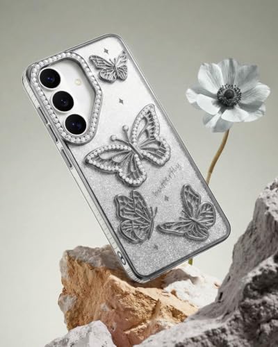 Image of Elzzi Electroplated Butterfly Phone Cover for Samsung S26 Case, Showcasing Pearlescent Diamond Soft TPU, Camera Protection, Shockproof, Dropresistant Stylish for Girls & Women (Grey)