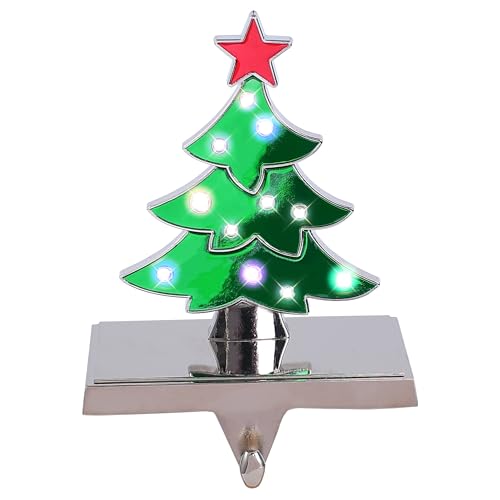 Amooca Christmas Stocking Holders Non-Slip Metal Hooks LED Lights Tree Decor Fireplace Mantle Stocking Hanger for Party Decorations (Green Silver)