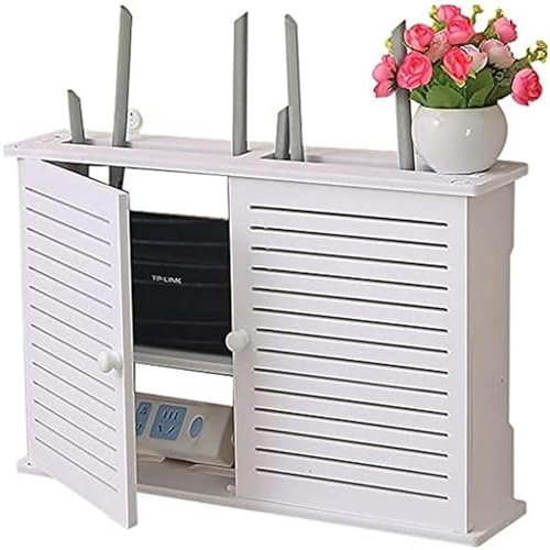Image of WRTYHGVGT Router Storage Box,Wall-Mounted Floating WiFi Router Shelf/2 Tiers Set-top Box Supports/Storage Wall-Mounted Shelf Bracket/Home and Office WiFi Router Adjustable Cable Box Stands, White