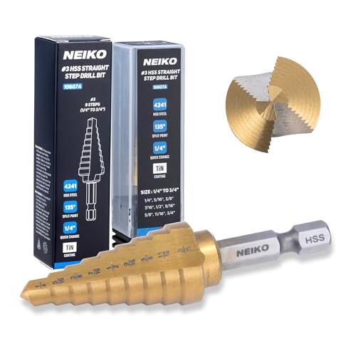 Image of NEIKO 10607A Step Drill Bit, 9 Steps 1 /4 inch to 3 /4 inch Straight High Speed Steel, Titanium Nitride Coated, 1 /4 inch Quick Change Step Bits for Steel, Metal, Wood, Plastic, Unibit Cone Drill Bits, Two Flute