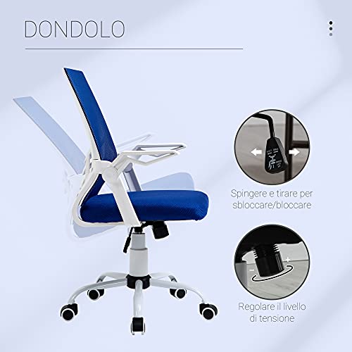 Vinsetto Sedia Da Ufficio Ergonomica Con Supporto Lombare, Braccioli Pieghevoli, Sedia Da Scrivania Girevole In Rete Traspirante Con Schienale Reclinabile E Altezza Regolabile, Capacità 120Kg, Blu - 4