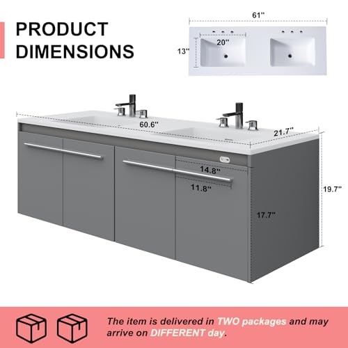 60-Double-Sink-Floating-Vanity-with-Human-Sensor-LED-High-Gloss-Wall-Mounted-Bathroom-Vanity-with-Sink-Modern-Bath-Sink-Vanity-Cabinet-with-Metal-Handles-Gray