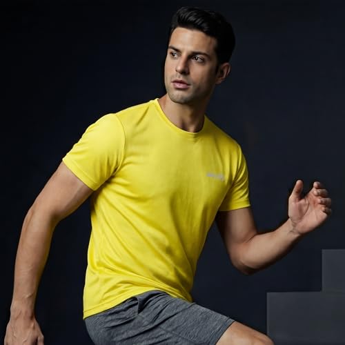 Image of playR Men's Polyester Adult Training Tee - Round Neck Half Sleeve Regular Fit DRIVENT, Lightweight Breathable Activewear for Gym Running Workout Yoga All Season