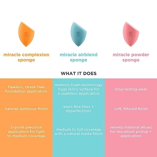 Real Techniques Assorted Makeup Blending Sponges, Miracle Complexion, Miracle Powder, & Miracle Airblend Sponges, For Blending & Baking, Use With Foundation & Powder, Dewy Or Matte Finish, 6 Pack #TOP1